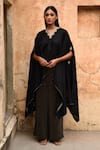 Buy_Deep Thee_Black Chanderi Embroidery Phool Guccha V Neck Cape And Flared Pant Set _at_Aza_Fashions