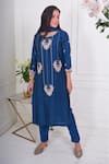 Buy_Geetika Jain_Blue Kurta  Slub Silk Hand Embroidered Resham Round Pearl Pant Set  _at_Aza_Fashions