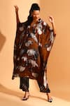 Shop_Moh India_Brown Leaf Collared Neck Kaftan _at_Aza_Fashions