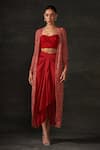 Buy_The House of Exotique_Red Bralette And Long Jacket- Chantilly Lace & Draped Lungi Skirt Set  _at_Aza_Fashions