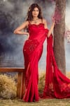 Buy_Nitika Gujral_Red Saree And Blouse Pure Satin Embroidery Flower Cut Work Set  _at_Aza_Fashions