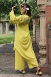 Shop_Desert Shine by Sulochana Jangir_Yellow Handwoven Chanderi Hand Embroidered Resham Round Kurta And Pant Set _at_Aza_Fashions