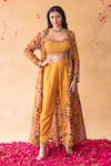 Buy_Shachi Sood_Yellow Dupion Silk Floral Square Neck Pearl Hand Embroidered Top Pant Set _at_Aza_Fashions