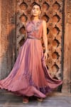 Buy_Mehak Murpana_Pink Crepe Embellished Floral Boat Neck Gown With Belt _at_Aza_Fashions