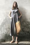 Buy_I am Design_Grey Linen Satin Ikat Round Cowl Dress _at_Aza_Fashions