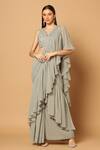 Buy_Two Sisters By Gyans_Grey Georgette Sequins, Cut Work V-neck Pre-draped Ruffle Saree With Blouse_at_Aza_Fashions