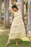 Buy_Dhaari_Yellow Handwoven Cotton Silk Hand Painted And Embroidered Floral Tiered _at_Aza_Fashions