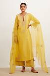 Buy_Devnaagri_Yellow Chanderi And Organza Dori, Sequins Notched Floral Embroidered Kurta Set _at_Aza_Fashions