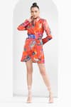 Buy_Mandira Wirk_Red Printed Garden Lapel Wrapped Blazer Dress_at_Aza_Fashions