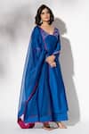 Buy_The Aarya_Blue Chanderi, Viscose, Organza Embroidery V-neck Anarkali Pant Set _at_Aza_Fashions
