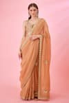 Buy_Shyam Narayan Prasad_Orange Brocade Embroidery Zardozi Leaf Neck Border Saree With Blouse  _at_Aza_Fashions