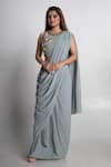 Buy_Merge Design_Blue Georgette, Crepe Sequins Round Neck Pre-draped Saree Set _at_Aza_Fashions