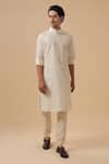 Buy_Raghavendra Rathore Blue_Off White Raw Silk Tonal Embroidery Stripe Kurta _at_Aza_Fashions