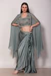 Buy_Vara by Vibha n Priti_Blue Satin Modal Hand Embroidered Thread Cape Open Blouse Draped Skirt Set _at_Aza_Fashions