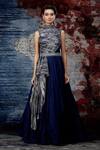 Buy_Shantnu Nikhil_Blue Lurex Draped Metallic Gown_at_Aza_Fashions