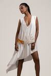 Buy_Jyoti Sachdev Iyer_White Bamboo V Neck Embroidered Asymmetric Dress _at_Aza_Fashions