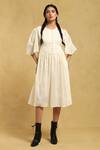 Buy_Ritu Kumar_Off White Cotton 100s Voile Round Neck Midi Dress _at_Aza_Fashions