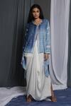 Buy_Krishna Mehta_Blue Chanderi Shawl Neck Geometrical Pattern Shaded Jacket_at_Aza_Fashions