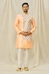 Buy_Aryavir Malhotra_Peach Art Silk Printed Floral Panel Sherwani Set _at_Aza_Fashions