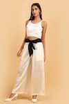 Buy_LABEL IVISH_Off White Pure Silk Charmeuse Satin Top And Trouser Set With Sash Belt  _at_Aza_Fashions