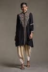 Buy_Ritu Kumar_Black Yarn Dyed Cotton-blue Chevron Embroidered Floral Mandarin Collar Kurta _at_Aza_Fashions