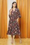 Buy_LABEL SHRISTI CHETANI_Brown Crepe Printed Floral V Neck Panelled Dress _Online_at_Aza_Fashions