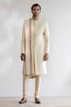 Buy_Qbik_Cream Sherwani Self Design Jameel Set  _at_Aza_Fashions