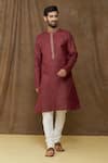 Buy_Samyukta Singhania_Wine Linen Cotton Plain Embroidered Placket Dark Kurta _at_Aza_Fashions