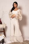 Buy_Vanshika Agarwal Label_White Organza, Moss Crepe, Lining Front Ruched Top And Two Layer Pant Set _at_Aza_Fashions