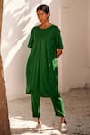 Buy_Kharakapas_Green Linen Embroidered Engraved Asymmetric Hem Tunic And Trouser Set  _at_Aza_Fashions