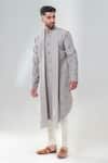 Buy_Amrit Dawani_Grey Silk, Cotton Embroidery Geometric Embellished Kurta With Trouser _at_Aza_Fashions