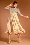 Buy_Sejal Kamdar_Beige Pure Satin Crepe Embellished Yoke Ajrak Round Neck Dress  _at_Aza_Fashions
