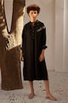 Buy_Kharakapas_Black Linen Mandarin Collar Eclipse Dress  _at_Aza_Fashions