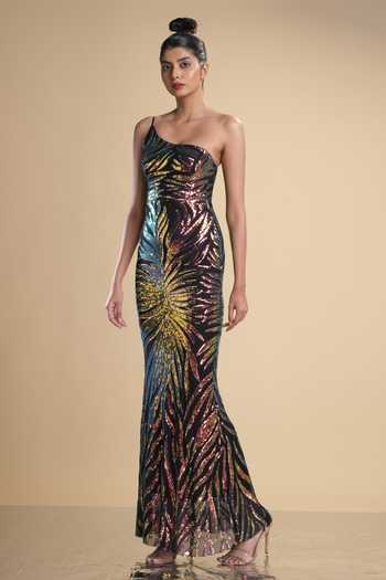 Buy_Kommal Sood_Multi Color Lycra, Net Sequins Graphic Pattern Work One Shoulder Gown _at_Aza_Fashions