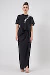 Buy_Aakaar_Black Moss Crepe Plain Sequin Band Collar Noir Cascade Drape Gown _at_Aza_Fashions