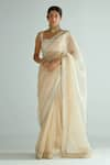 Buy_PRIYAL PRAKASH_Cream Saree- Silk Organza Embroidery Zari Square Neck With Blouse _at_Aza_Fashions