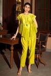 Buy_Deep Thee_Green Chanderi Embroidery Round Neck Gathered Top And Pant Set _at_Aza_Fashions