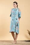 Buy_Divi by sonal khandelwal_Sky Blue Muslin (viscose) Print Lotus Tie-up Nelumbo Kaftan Dress _at_Aza_Fashions