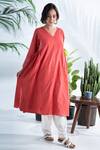 Buy_Pants and Pajamas_Red Hand Woven Cotton Embroidered Floral V Neck Aboli Kurta And Salwar Set _at_Aza_Fashions