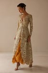 Buy_VARUN NIDHIKA_Gold Jacket  Silk Organza Banphool Metallic With Ruffle Gown  _at_Aza_Fashions