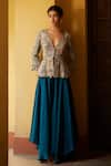 Buy_Mrunalini Rao_Blue Jacket: Raw Silk Embroidered Resham And Peplum Flared Pant Set For Women_at_Aza_Fashions