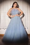 Buy Shivani Awasty Sky Blue Net Crystals, Sequins Square Neck Anna Feather Trim Gown at Aza Fashions Buy_Shivani Awasty_Sky Blue Net Crystals, Sequins Square Neck Anna Feather Trim Gown _at_Aza_Fashions