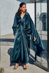 Buy_HOUSE OF FETT_Green Satin Embroidered Bead V Neck Jade Pleated Draped Gown _at_Aza_Fashions