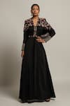 Buy_Sejal Kamdar_Black Gajji Silk Embellished Cut Pipe V Neck Cape Jumpsuit _at_Aza_Fashions