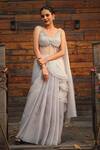 Buy_House of Tushaom_Grey Satin Organza Embroidery Resham Leaf Neck Saree Gown _at_Aza_Fashions