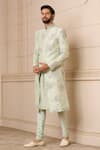 Buy_Tarun Tahiliani_Blue Kurta Dupion Sherwani Dupion Churidar Stretch Pattern With Set _at_Aza_Fashions