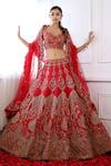 Buy_Pallavi Poddar_Red Silk, Tulle Zari, Embroidery V-neck Jaipur Thread Bridal Lehenga Set _at_Aza_Fashions