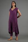 Buy_Krishna Mehta_Purple Tussar Printed Geometric V Neck Tunic_at_Aza_Fashions