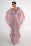 Buy_Merge Design_Pink Georgette, Crepe Stones, Embroidery, Fabric Flowers Floral Placket Kaftan _at_Aza_Fashions