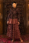 Buy_Vana Ethnics_Wine Satin Printed Ajrakh Round Top And Skirt Set _at_Aza_Fashions